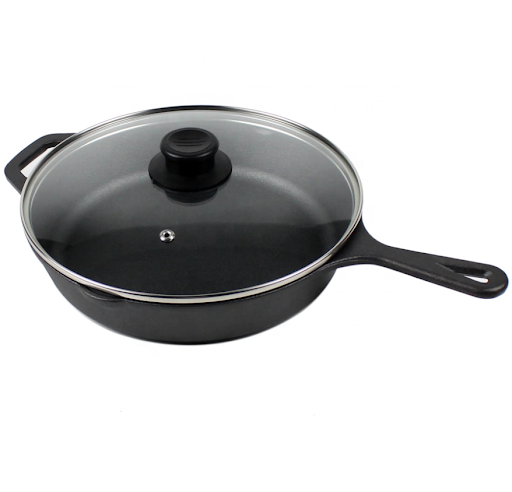 Poêle à Frire en Fonte avec Couvercle en Verre – Casserole Anti-Adhésif Naturel – Compatible Induction et Gaz – Deux Poignées en Fonte – Design Style Américain pour Cuisine et Restaurant