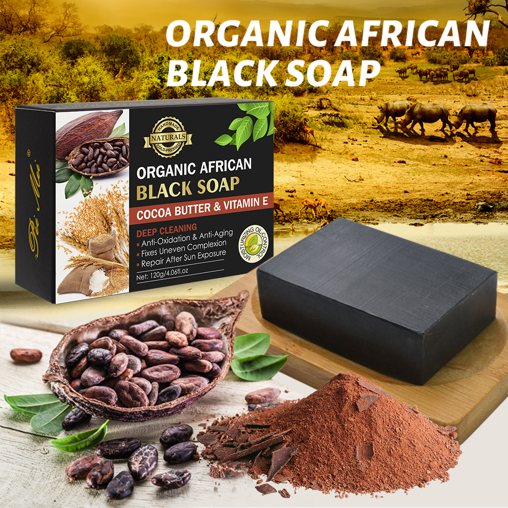 Savon Noir Bio Africain PeiMei – Beurre de Cacao et Fines Herbes – Nettoyage en Profondeur, Anti-Acné et Blanchissant – Savon Fait Main 120G