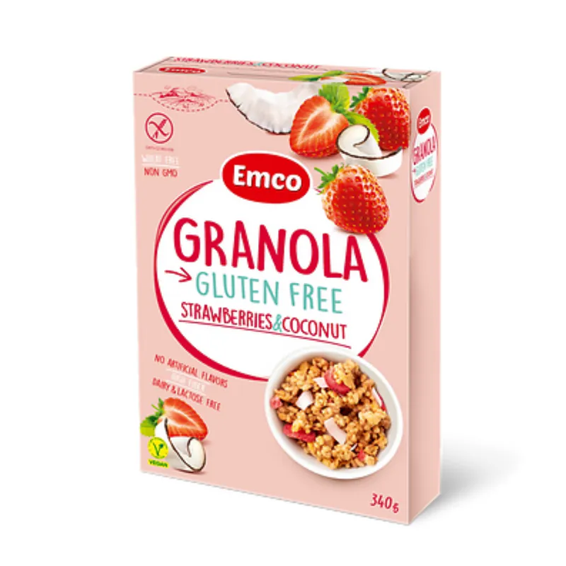 Granola aux Noix et Fraises Emco – Snack Healthy Sans Gluten et Sans Sucre Ajoute – Riche en Protéines et Fibres – Petit Déjeuner Prêt à Manger 340g